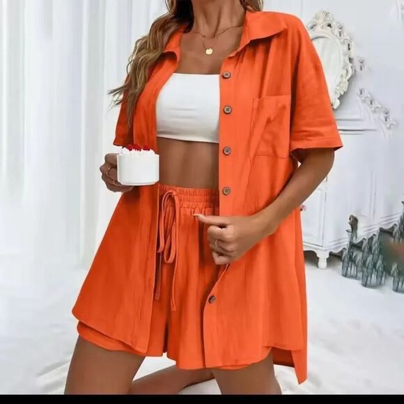 Tops - NWOT Orange Button-Up Shirt and Shorts Set